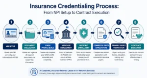 Insurance credentialing process flow showing eight steps from NPI setup to contract execution