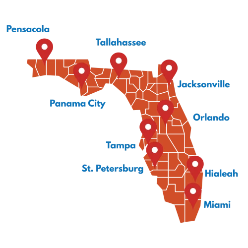 Florida Map with Pinpoints to Famous Cities. Florida Map with Pinpoints to Famous Cities.